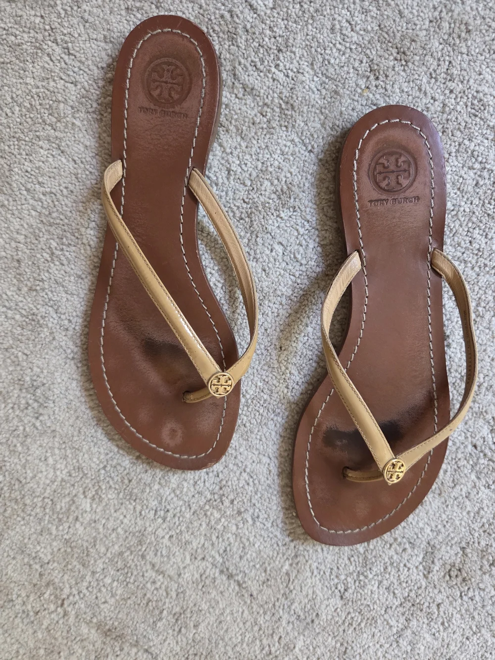 Tory Burch Brown Leather Flip Flop Sandals with Tan Straps Size 9
